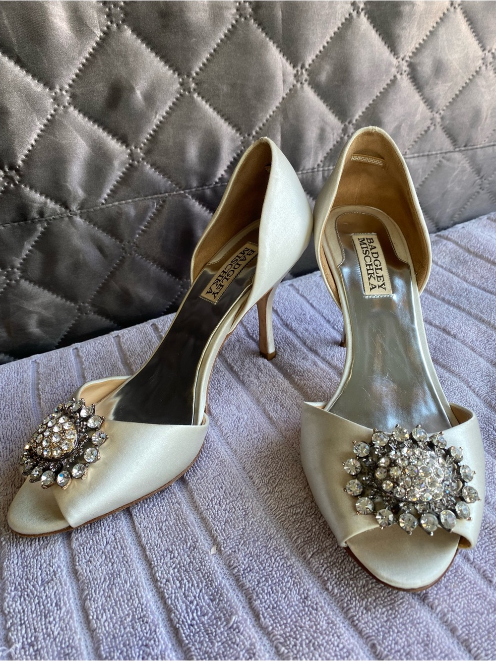 Badgley Mischka Lacie Bridal Pumps - Ivory Satin Crystal Brooch Heel